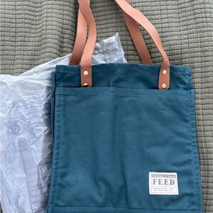 FEED Teal Tote Bag with Tan Straps